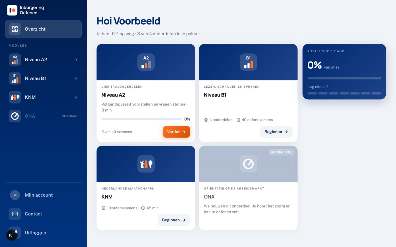 Het portaal: de zijbalk met je modules en je voortgang per onderdeel.